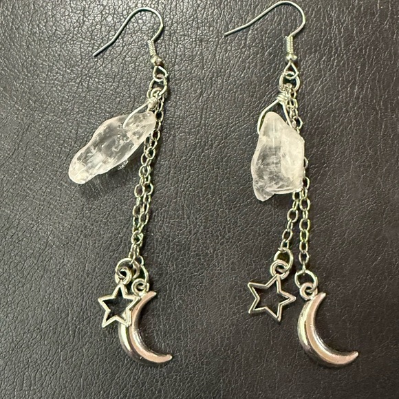 Silver Star and Moon Dangle Earrings - Picture 1 of 1